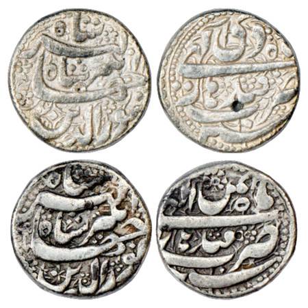Jahangir (1605-1627 AD), Silver Rupee (2), Qandhar Mint, Di 10 and Bahman 10, KM 145.13. 2
