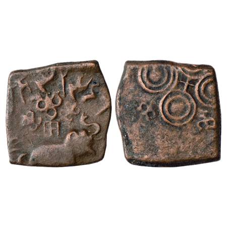 Obv: Elephant with trunk upraised, walking to right, a row of three symbols: Shrivatsa, Na