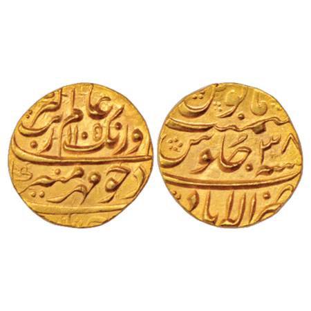 Aurangzeb (1658-1707 AD), Gold Mohur, 11.08g. Allahabad Mint, AH 1105/RY 38, KM 315.9. Nic