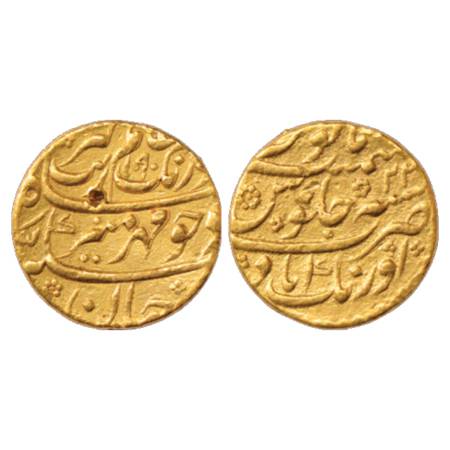 Aurangzeb (1658-1707 AD), Gold Mohur, 10.91g. Aurangabad Mint at bottom, AH 1090/RY 23, KM