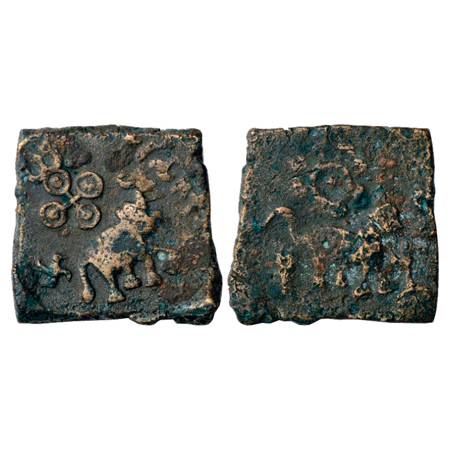 Obv: Elephant walking to right with trunk upraised, an 'Ujjain' symbol with one orb modifi