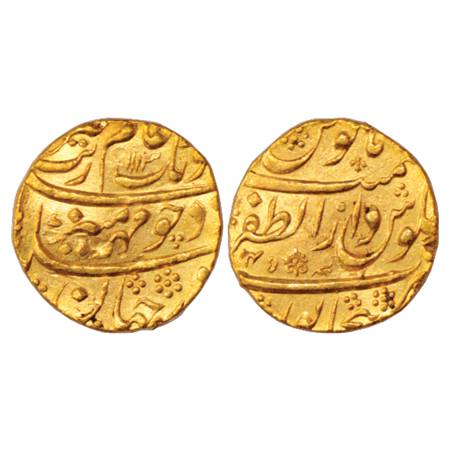 Aurangzeb (1658-1707 AD), Gold Mohur, 10.92g. Dar uz-Zafar Bijapur Mint, AH 1113/RY 45, KM