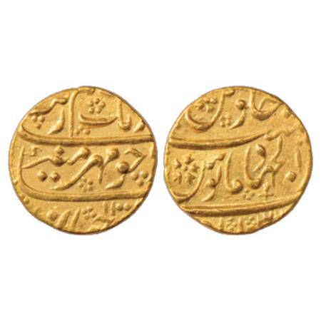 Aurangzeb (1658-1707 AD), Gold Mohur, 11.01g. Dar ul-Jihad Hyderabad (partly visible) Mint