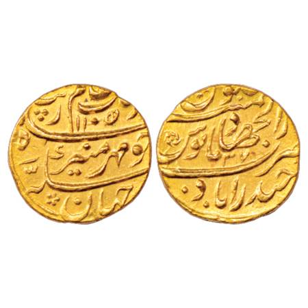 Aurangzeb (1658-1707 AD), Gold Mohur, 10.98g. Dar ul-Jihad Hyderabad (fully visible) Mint,
