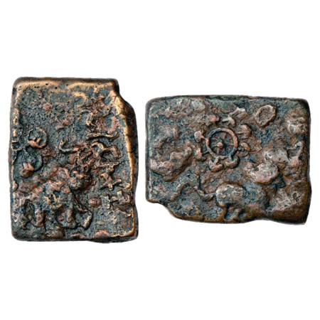 Obv: Elephant walking to right with trunk upraised, an 'Ujjain' symbol with one orb modifi