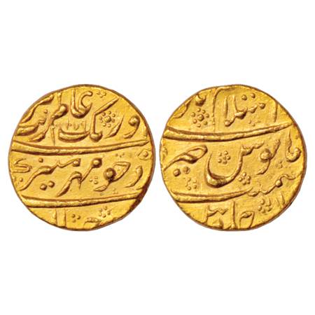 Aurangzeb (1658-1707 AD), Gold Mohur, 10.96g. Islamabad (Chakan) Mint at top, AH 1079/RY 1