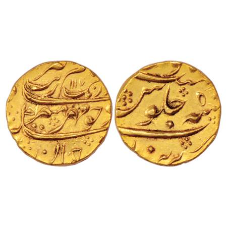 Aurangzeb (1658-1707 AD), Gold Mohur, 10.85g. Purenda Mint, AH 1107/RY 50, KM 315.41. Very