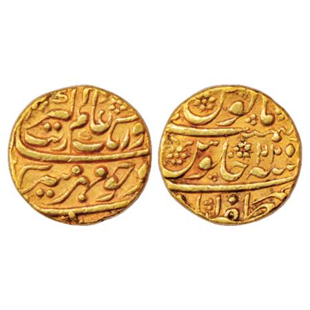 Aurangzeb (1658-1707 AD), Gold Mohur, 10.75g. Zafarabad Mint, RY 22, KM 315.49. Small test