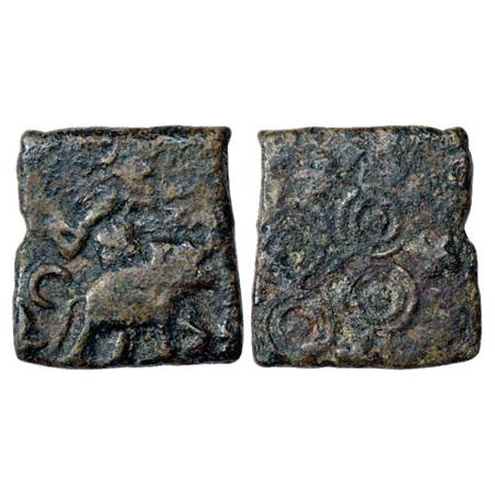 Obv: Elephant with upraised trunk marching to right, small tree in its front, Swastika on 