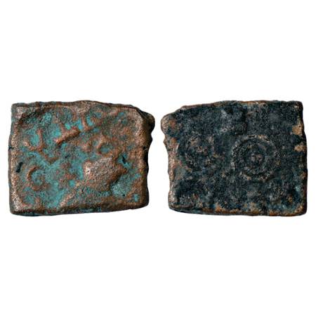 Obv: Elephant with upraised trunk marching to right, Swastika on its back; Brahmi legend (