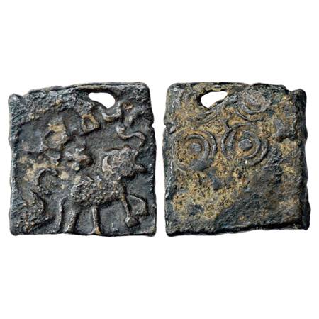 Obv: Elephant with upraised trunk marching to right, Swastika on its back; Brahmi legend S