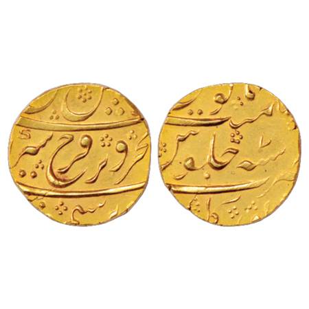 Farrukhsiyar (1713-1719 AD), Gold Mohur, 10.81g. Torgal Mint, RY 7, KM 390.33. Extremely F