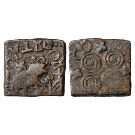 Obv: Elephant with upraised trunk marching to right, small tree in its front, Swastika on 