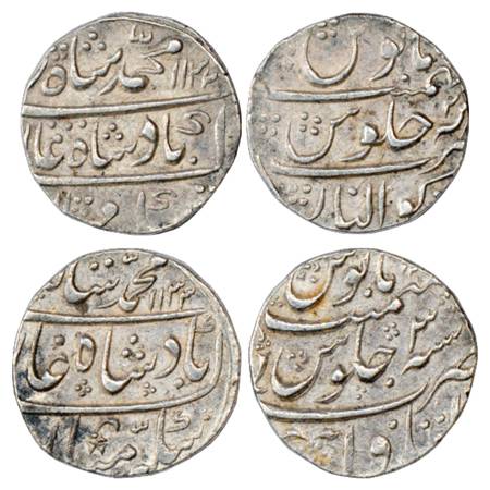 Muhammad Shah (1719-1748 AD), Silver Rupee (2), Gwalior Mint, AH 1132/RY 2, KM 436.25 and 