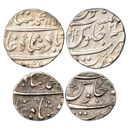 Muhammad Shah (1719-1748 AD), Silver (2), Surat Mint, Rupee, AH 115x/RY 21, KM 436.60 and 