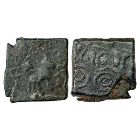 Obv: Bull walking to right, triangle-headed standard behind, Swastika above the hump, six-