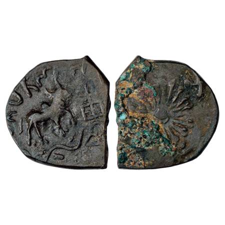 Obv: Bull standing to right, tree-in-railing in its front, wavy line with fishes below; Br