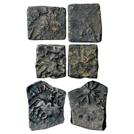 Obv: Bull walking to right, Swastika on its back, triangle-headed standard behind; Brahmi 