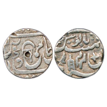 Bindraban, Silver ¼ Rupee, in the name of Shah Alam II. Obv: 'Umbrella' mint mark. Rev: RY