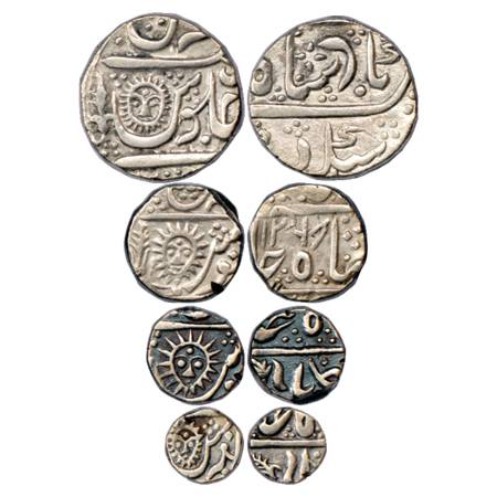 Indore , set of 4 Silver Coins, Malharnagar Mint, Rupee, ND; ½ Rupee, AH 1268; ¼ Rupee, ND