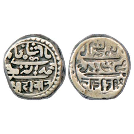 Junagadh , Bahadur Khan (1811-1840 AD), Silver Kori, 4.46g. Lakhi (Brockage) on reverse, K