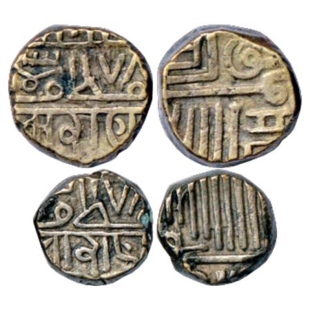 Porbandar , Silver Kori and ½ Kori, AH 978 (frozen), Nagari Shri Rana on obverse. KM C38 a
