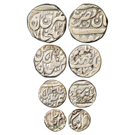 Tonk , Muhammad Ibrahim Ali Khan (1868-1930 AD) Silver set of 4 Coins, Rupee, AH 1304; ½ R