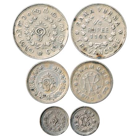 Travancore , Rama Varma VI (1885-1924 AD), Silver (3), ¼ Rupee, ME 1103, KM 52; Fanam, ME 