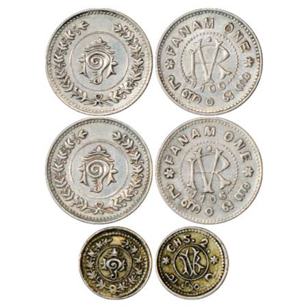 Travancore (3), Rama Varma VI (1885-1924 AD), 2x Silver Fanam, ME 1100 and ME 1106, KM 51 
