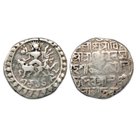Tripura , Vijaya Manikya (1532-1564 AD), Silver Tanka, SE 1482, 9.94g. Obv: Figure of Ardh