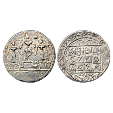 Tripura , Ananta Manikya (1564-1567 AD) Silver Tanka, SE 1486, 10.72g. Obv: Krishna playin