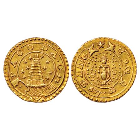 Madras Presidency , Gold Pagoda, ND (1808-1815 AD), 2.93g. Obv: 5 Stars on either side, va