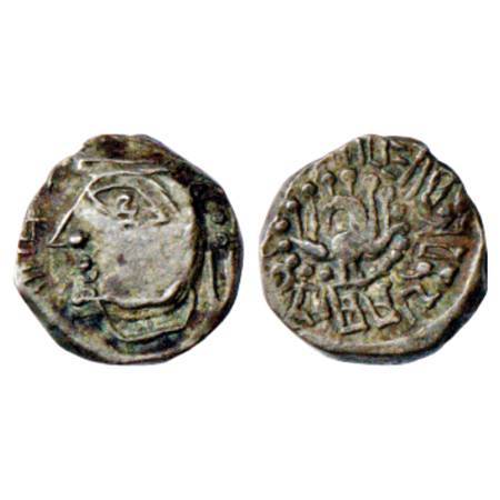 Pushyabhutis (Vardhanas) of Sthaneshwara, Harsha (606-647 AD), Silver Drachm, MAC 4933-493