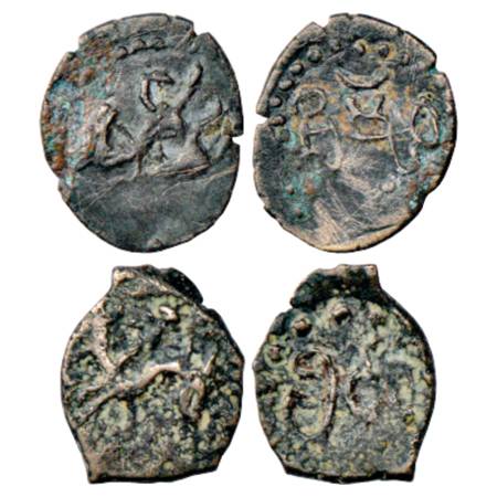 Western Maharashtra, two unattributed 'horseman' type coins of alloyed copper (7th-8th Cen