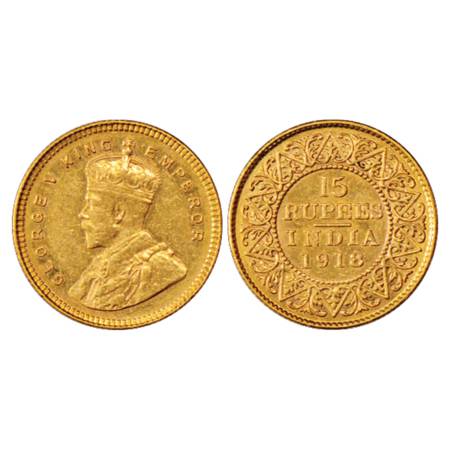 George V , Gold 15 Rupees, 7.99g. 1918, Bombay Mint, PR 25. About Extremely Fine, Rare.