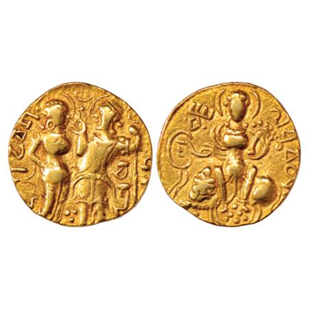 Gupta Empire, Samudra Gupta (350-375 AD), Gold Dinar, 'King and Queen' type, Altekar p. 35