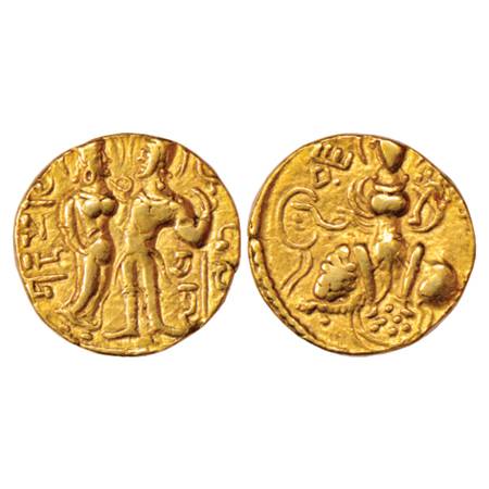 Gupta Empire, Samudra Gupta (350-375 AD), Gold Dinar, 'King and Queen' type, Altekar p. 35