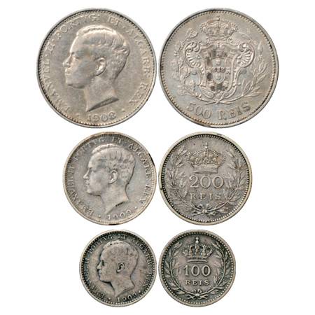 Portugal , Manuel II, set of 3 Silver Coins, 1908 and 1909, 500 Reis, 200 Reis and 100 Rei