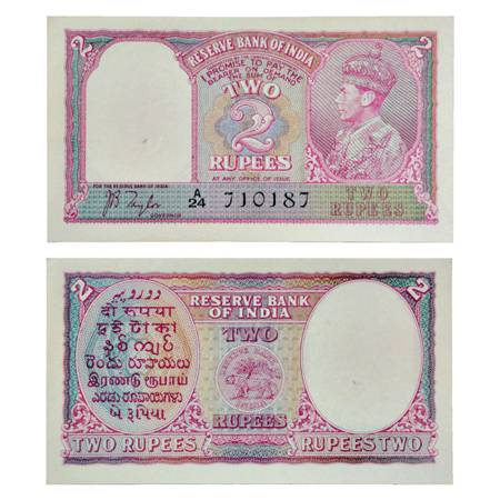 British India , George VI, 2 Rupees, ND (1943), signed by J.B. Taylor, Serial No.: A24 710