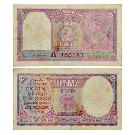 British India , George VI, 2 Rupees, ND (1943), signed by C.D. Deshmukh, Serial No.: H53 1