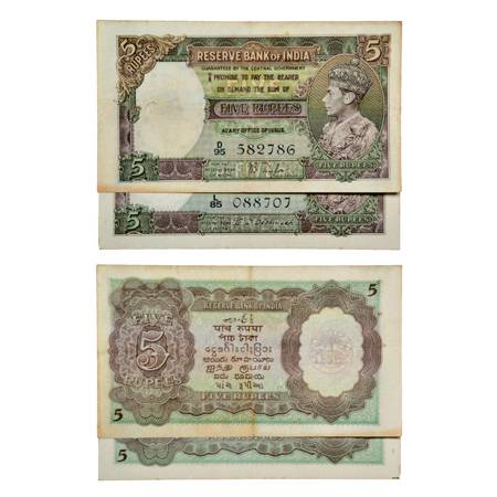 British India , George VI, 5 Rupees (2), signed by J.B. Taylor, Serial No.: D95 582786, J&