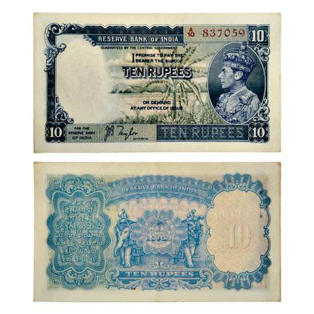 British India , George VI, 10 Rupees, ND (1938), signed by J.B. Taylor, Serial No.: A10 83
