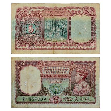 Burma , George VI, 5 Rupees, ND (1938), signed by J. B. Taylor, Serial No.: A3 459739, J&R