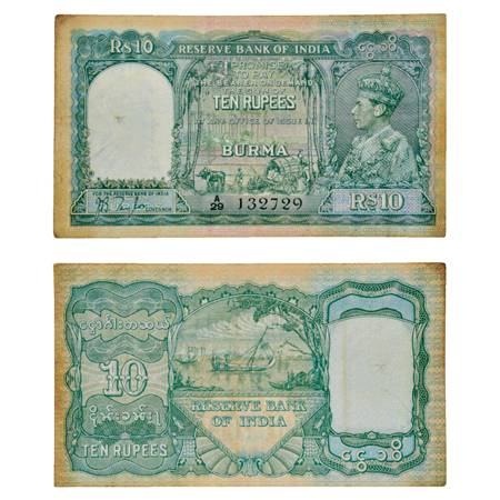 Burma , George VI, 10 Rupees, ND (1938), signed by J. B. Taylor, Serial No.: A29 132729, J