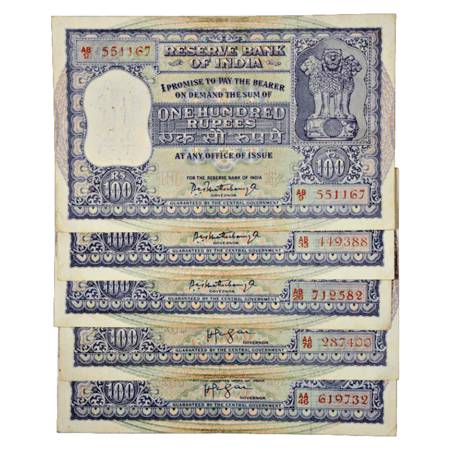 Republic of India , 100 Rupees (5), 2x signed by H.V.R. Iengar, J&R 6.7.4.1 and 3x P.C. Bh