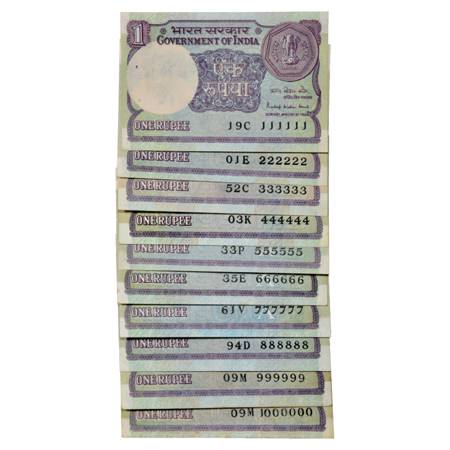 Republic of India , Set of 10 Fancy Number Notes,1 Rupee, signed by 4x Pratap Kishan Kaul,