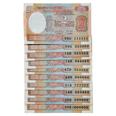 Republic of India , Set of 10 Fancy Number Notes, 2 Rupees, signed by R.N. Malhotra, 'Arya