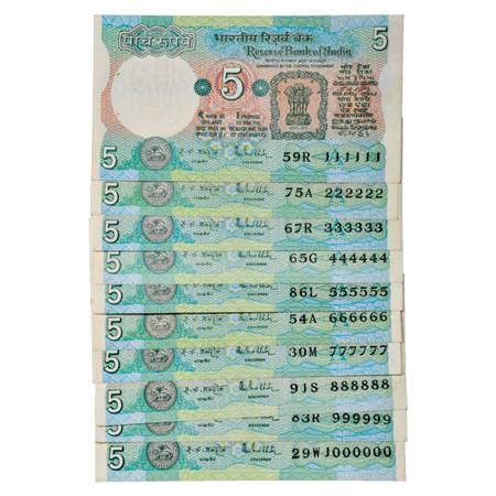 Republic of India , Set of 10 Fancy Number Notes, 5 Rupees, signed by R.N. Malhotra, Seria