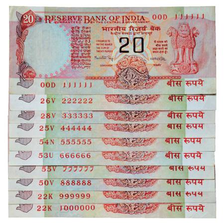 Republic of India , Set of 10 Fancy Number Notes, 20 Rupees, 1x Manmohan Singh, 4x R.N. Ma