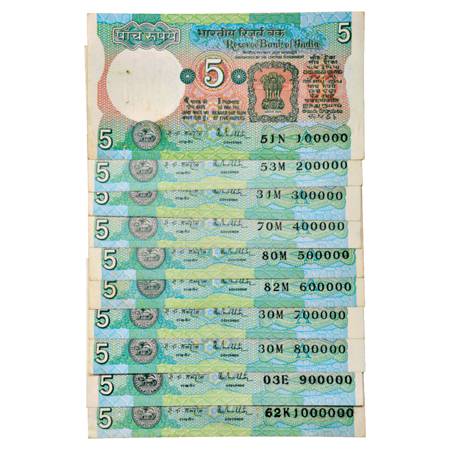 Republic of India , Set of 10 Fancy Number Notes, 5 Rupees, R.N. Malhotra, Serial No.: 100